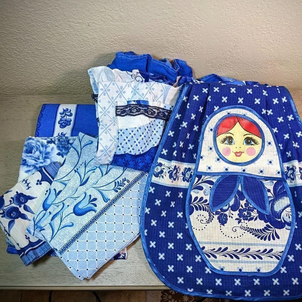 Russian Gzhel Pattern Linen and Lace Apron, Blue and White, 9-Piece Set